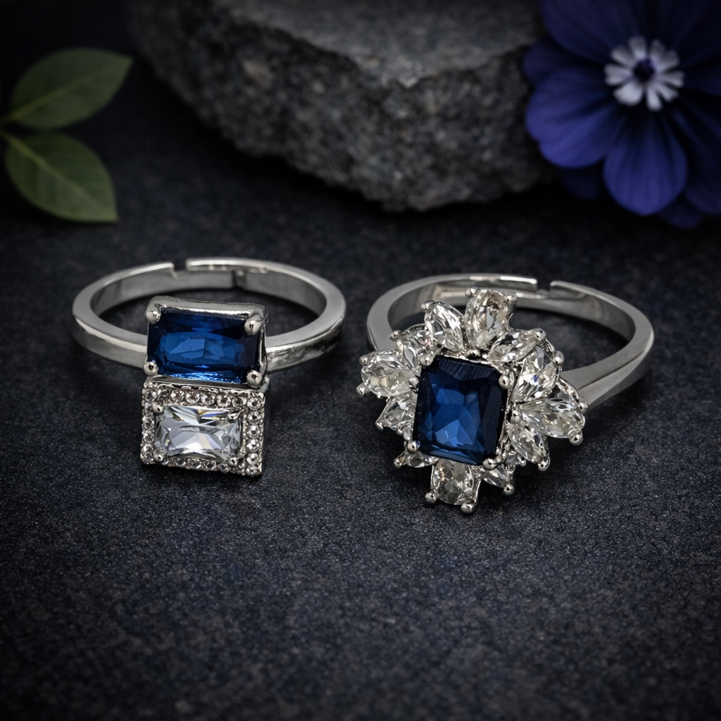 Adjustable Silver Ring Pair with Blue Gemstone by Humi (1010)