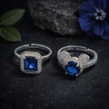 Adjustable Silver Ring Pair with Blue Gemstone by Humi (1001)
