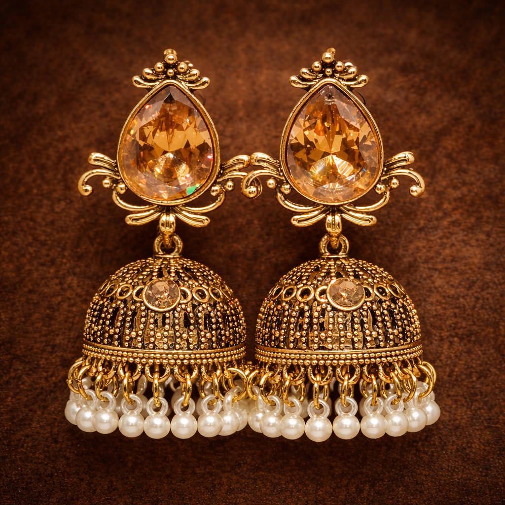 Elegant Antique Gold Jhumka Earrings (Champagne) by Humi