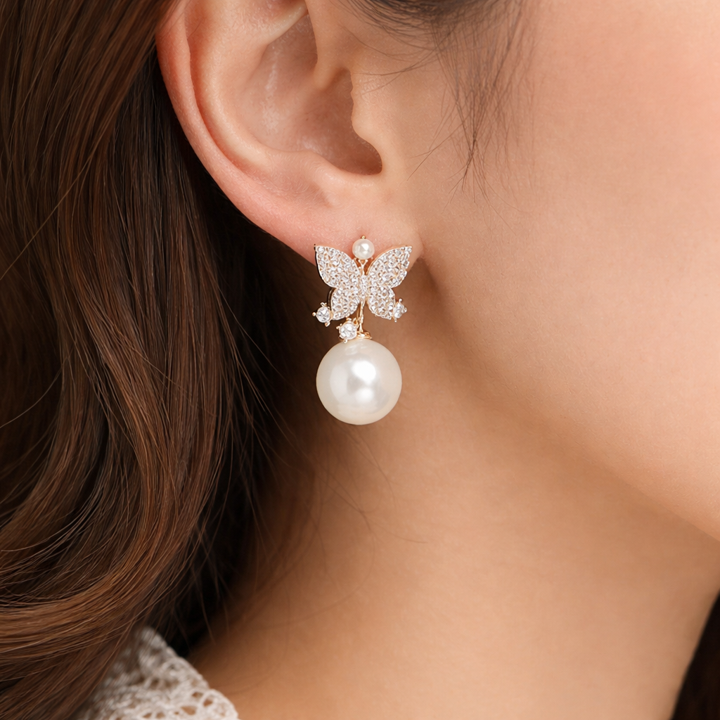 Butterfly Earrings with White Pearl by Humi