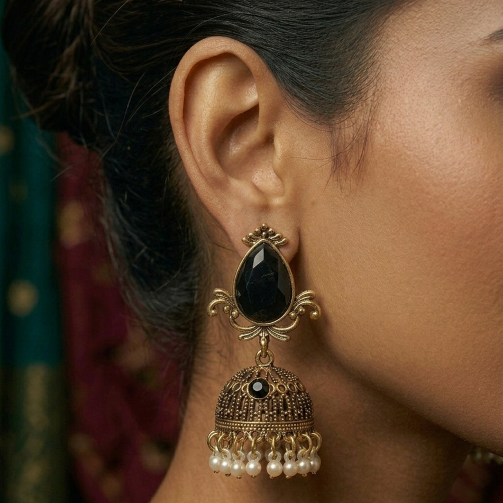 Elegant Antique Gold Jhumka Earrings (Black) by Humi