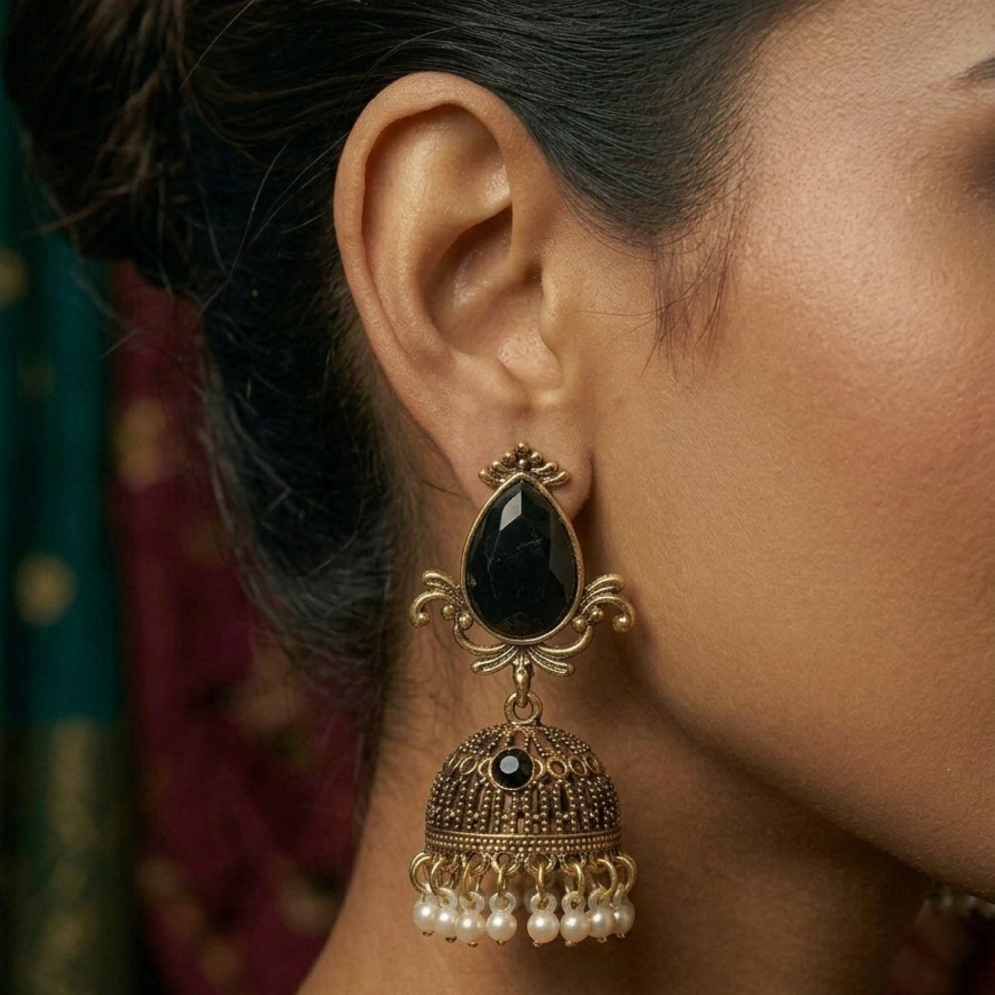Elegant Antique Gold Jhumka Earrings (Black) by Humi