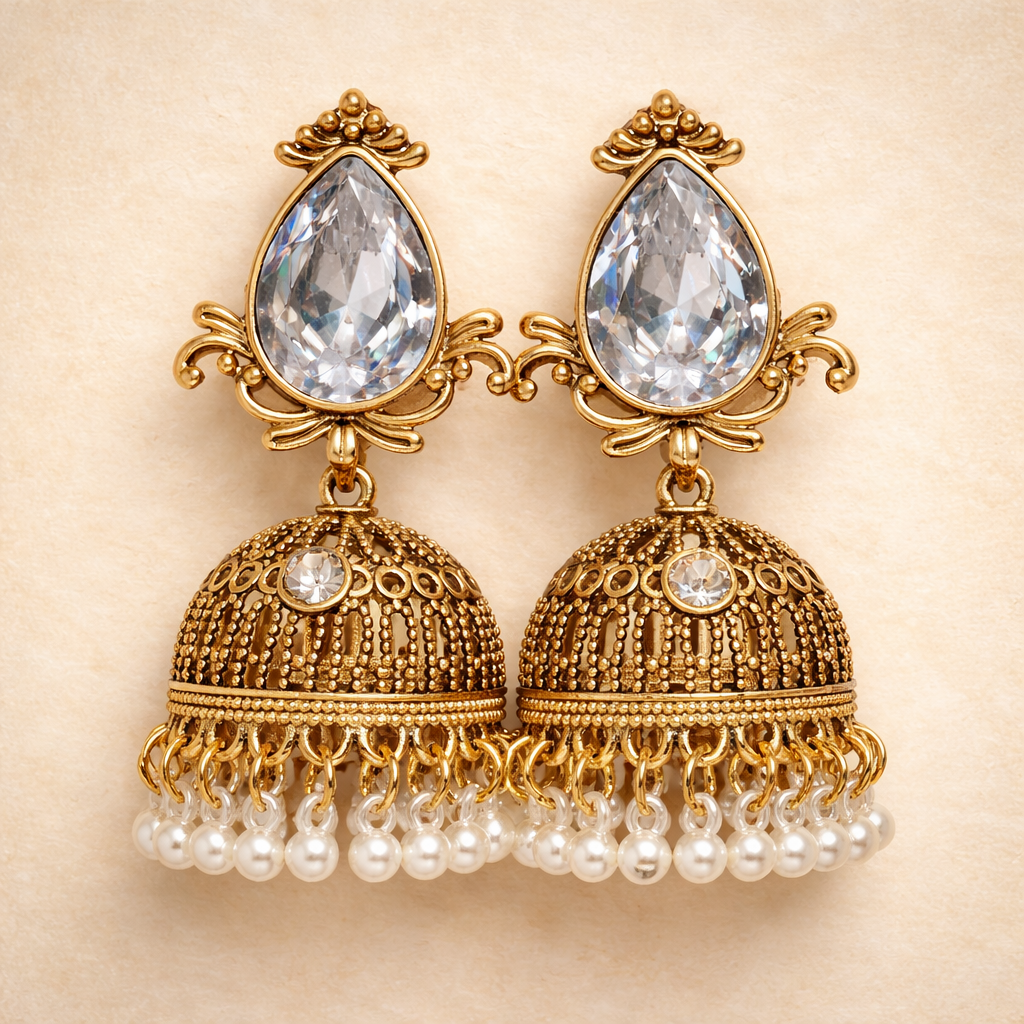 Elegant Antique Gold Jhumka Earrings (Crystal) by Humi