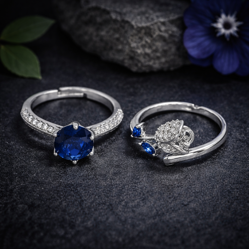 Adjustable Silver Ring Pair with Blue Gemstone by Humi (1002)