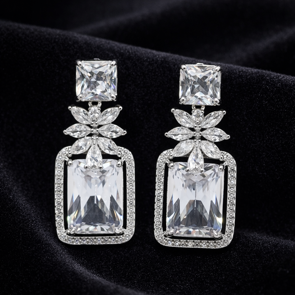 Silver Drop Earrings with Crystal Clear Diamond by Humi