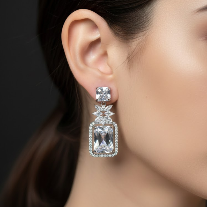 Silver Drop Earrings with Crystal Clear Diamond by Humi