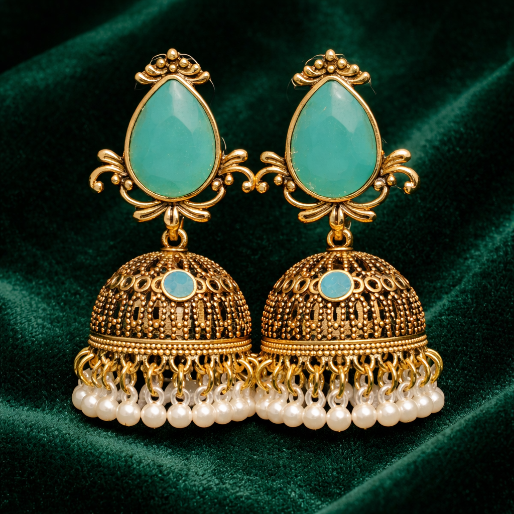 Elegant Antique Gold Jhumka Earrings (Aqua Blue) by Humi