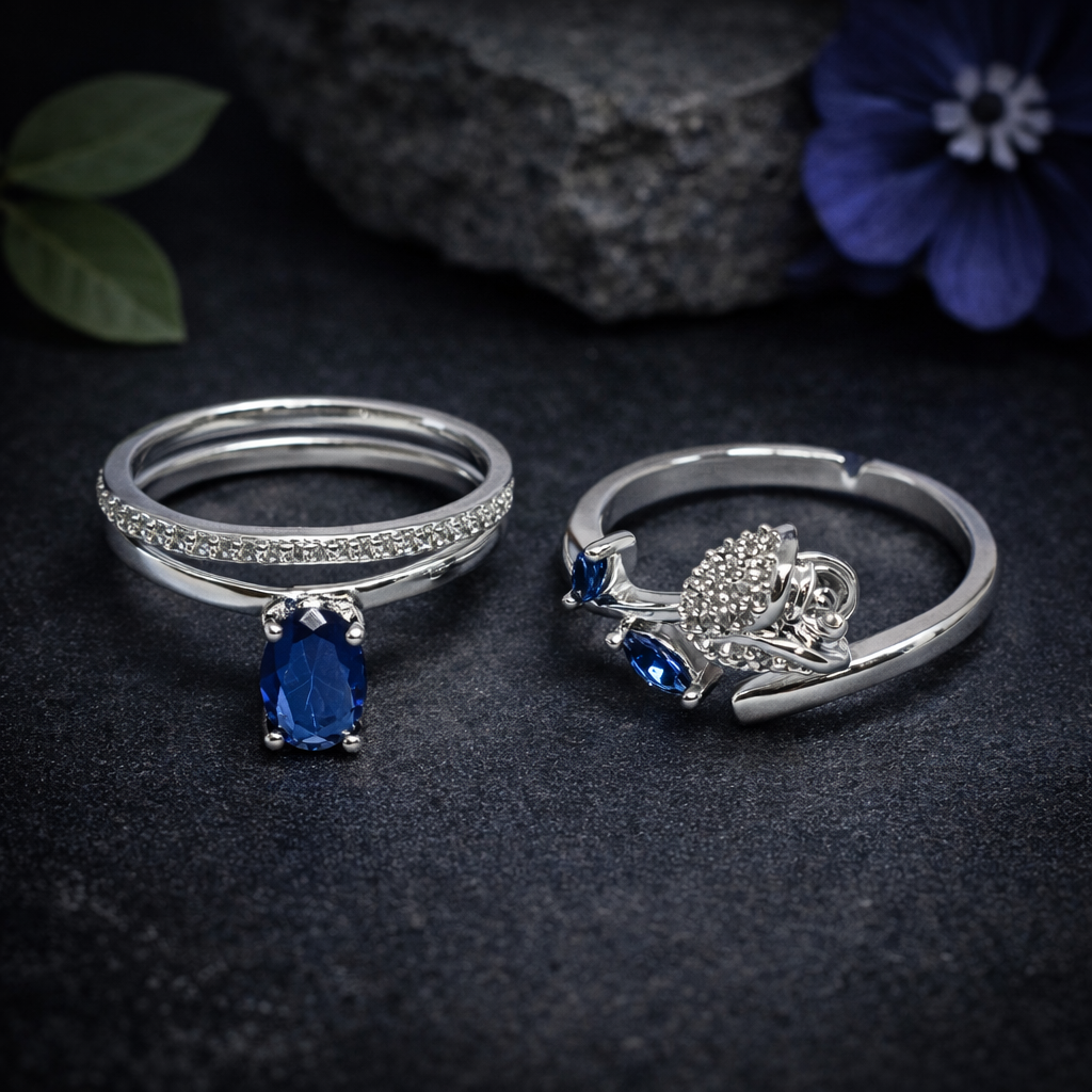 Adjustable Silver Ring Pair with Blue Gemstone by Humi (1003)