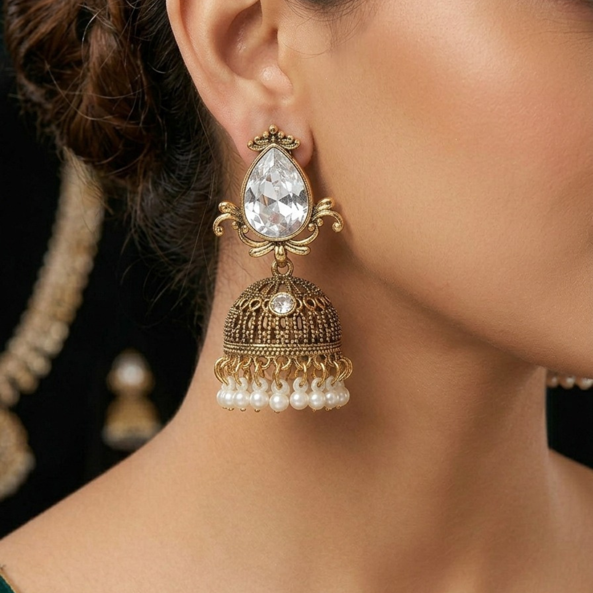 Elegant Antique Gold Jhumka Earrings (Crystal) by Humi