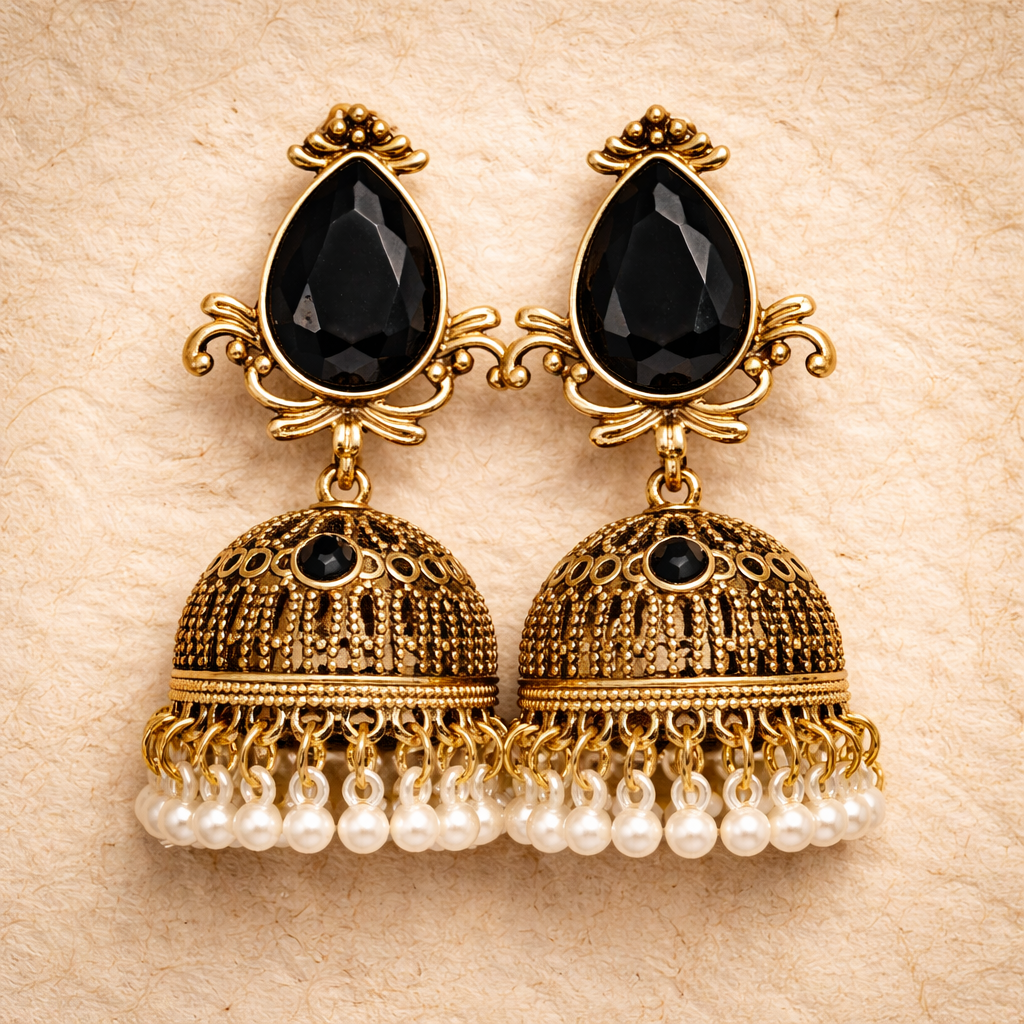 Elegant Antique Gold Jhumka Earrings (Black) by Humi
