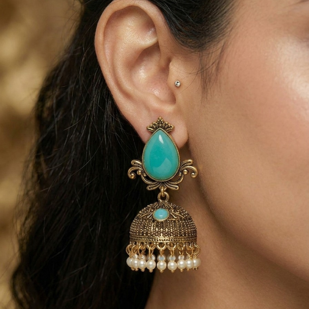 Elegant Antique Gold Jhumka Earrings (Aqua Blue) by Humi