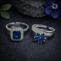 Adjustable Silver Ring Pair with Blue Gemstone by Humi (1004)
