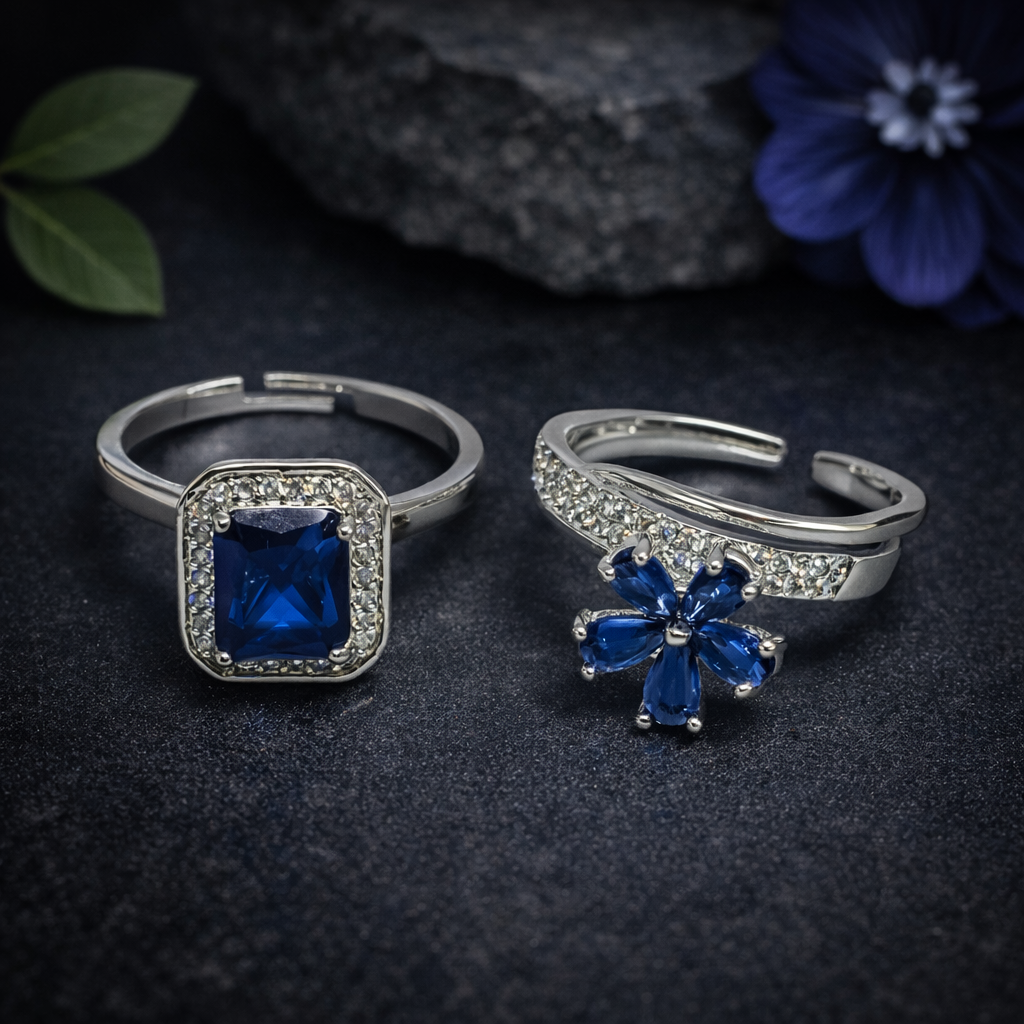Adjustable Silver Ring Pair with Blue Gemstone by Humi (1004)