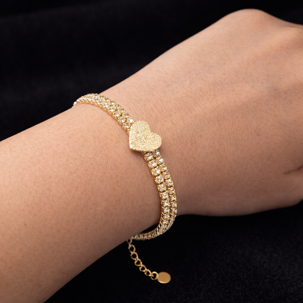 Gold Tennis Bracelet with Heart Charm by Humi
