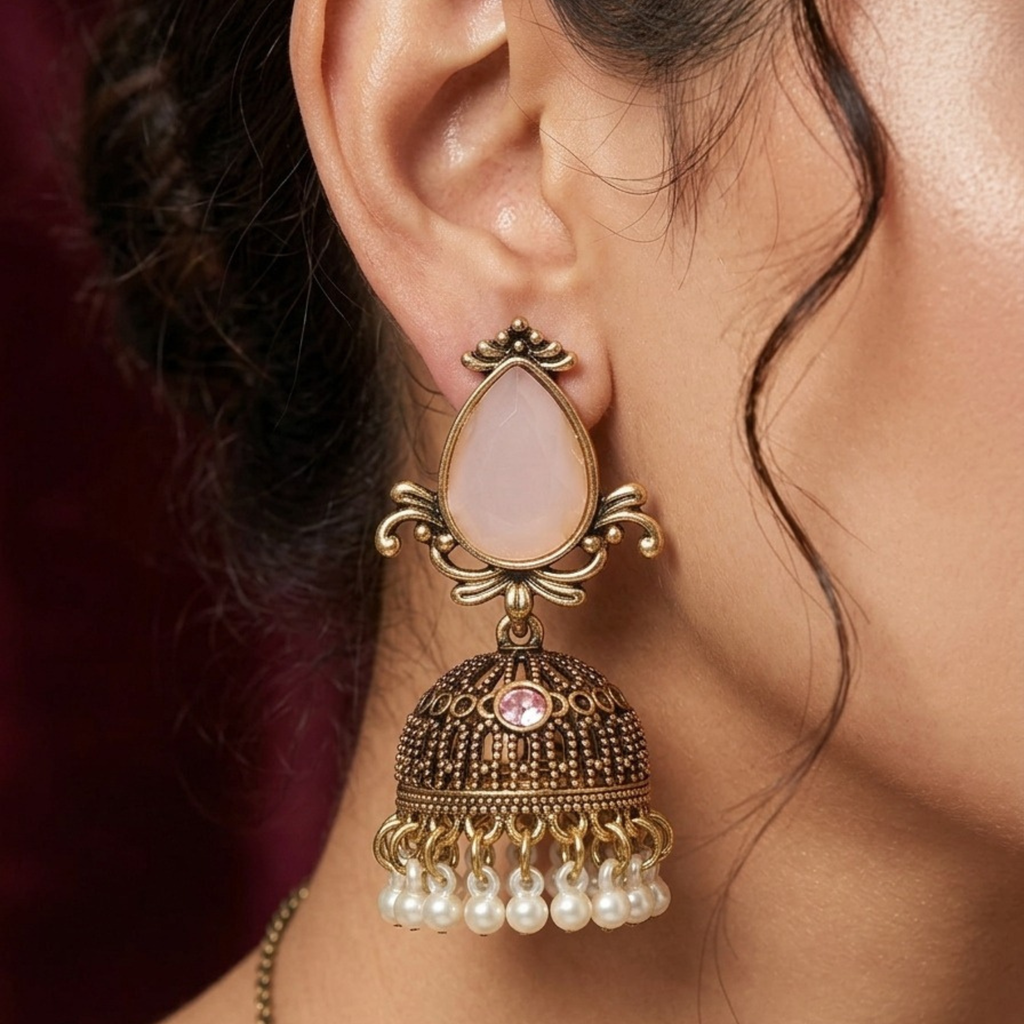 Elegant Antique Gold Jhumka Earrings (Light Blush Pink) by Humi