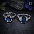 Adjustable Silver Ring Pair with Blue Gemstone by Humi (1005)