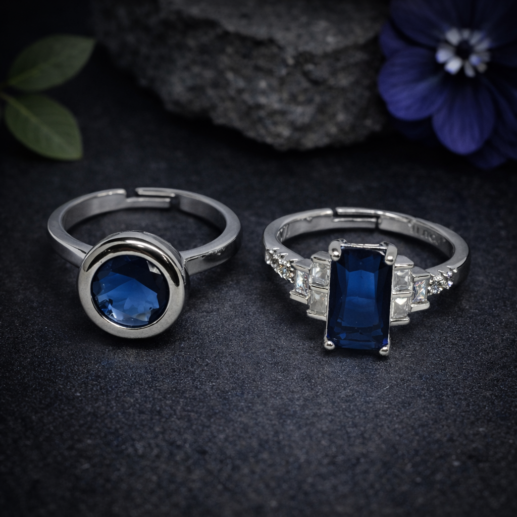 Adjustable Silver Ring Pair with Blue Gemstone by Humi (1005)