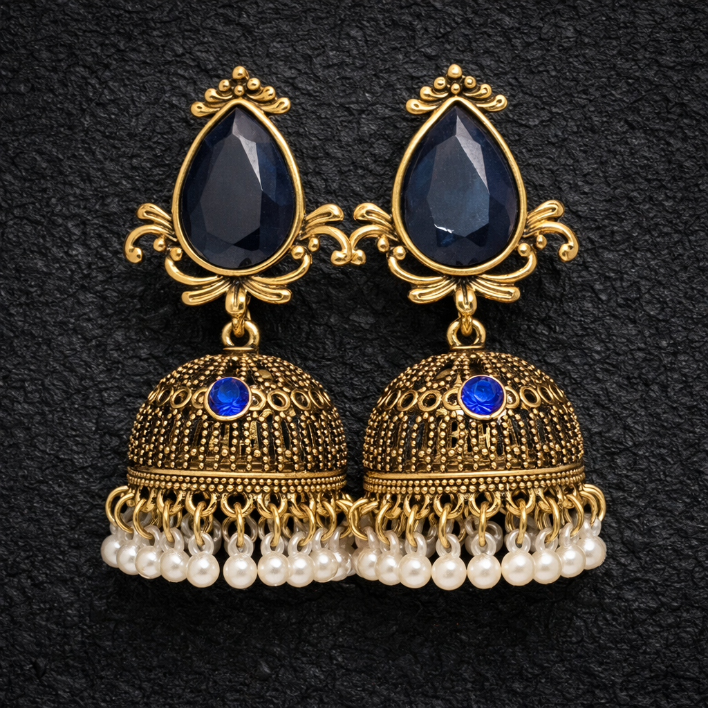 Elegant Antique Gold Jhumka Earrings (Black & Blue) by Humi