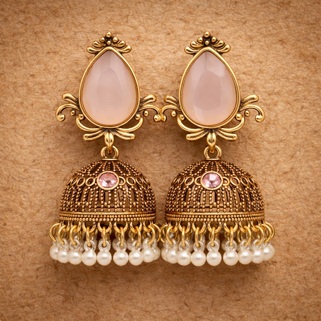 Elegant Antique Gold Jhumka Earrings (Light Blush Pink) by Humi
