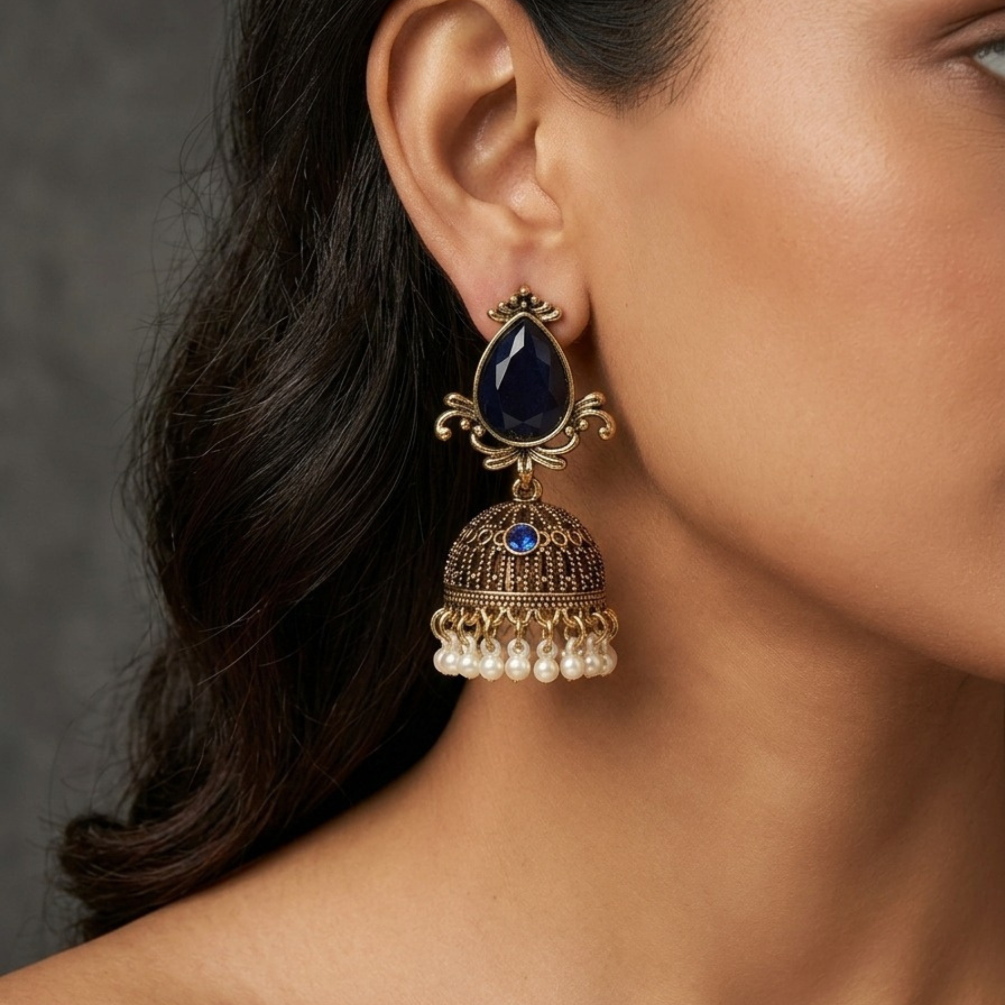 Elegant Antique Gold Jhumka Earrings (Black & Blue) by Humi