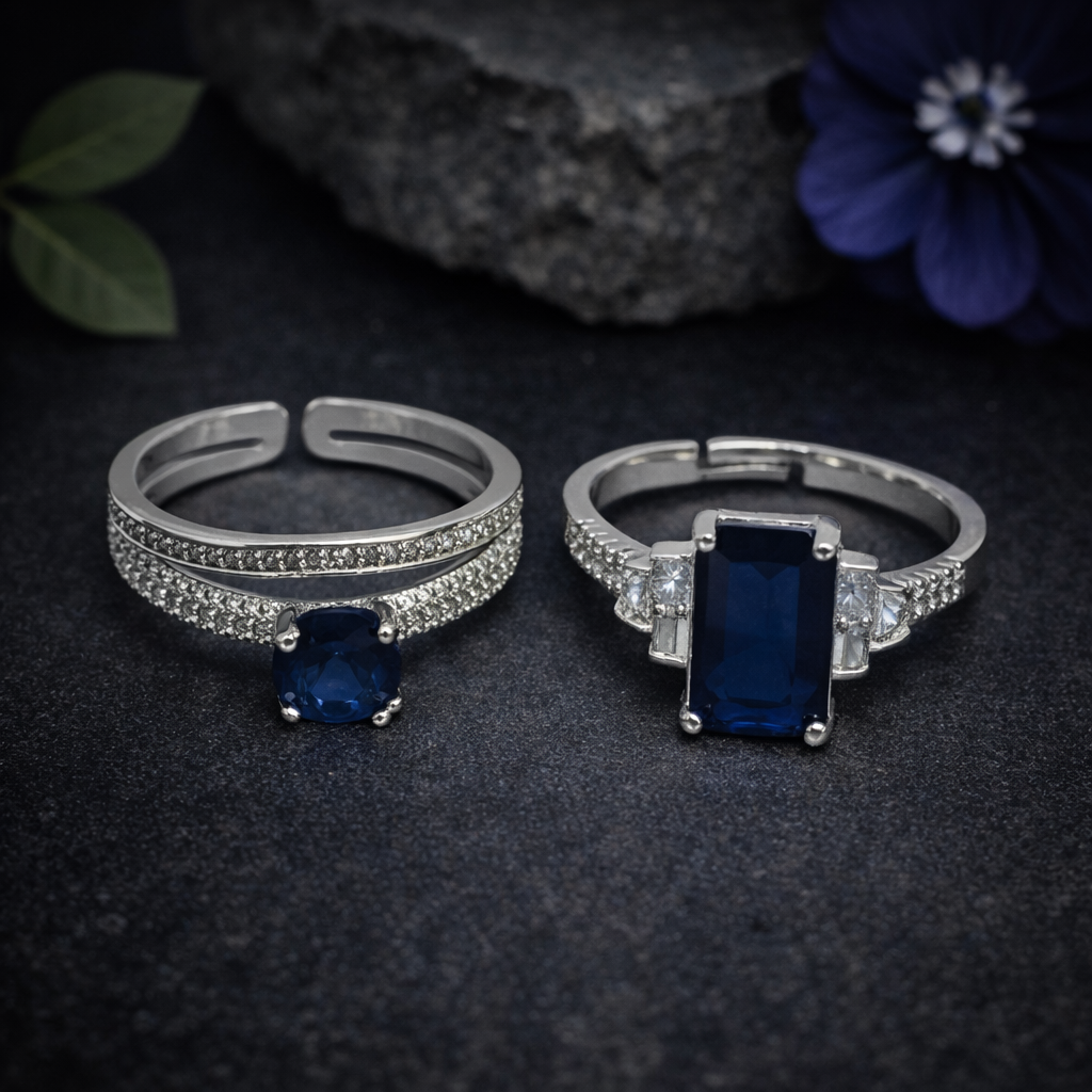 Adjustable Silver Ring Pair with Blue Gemstone by Humi (1006)