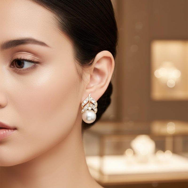Gold Earrings with White Pearl by Humi