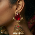 Elegant Antique Gold Jhumka Earrings (Wine Red) by Humi