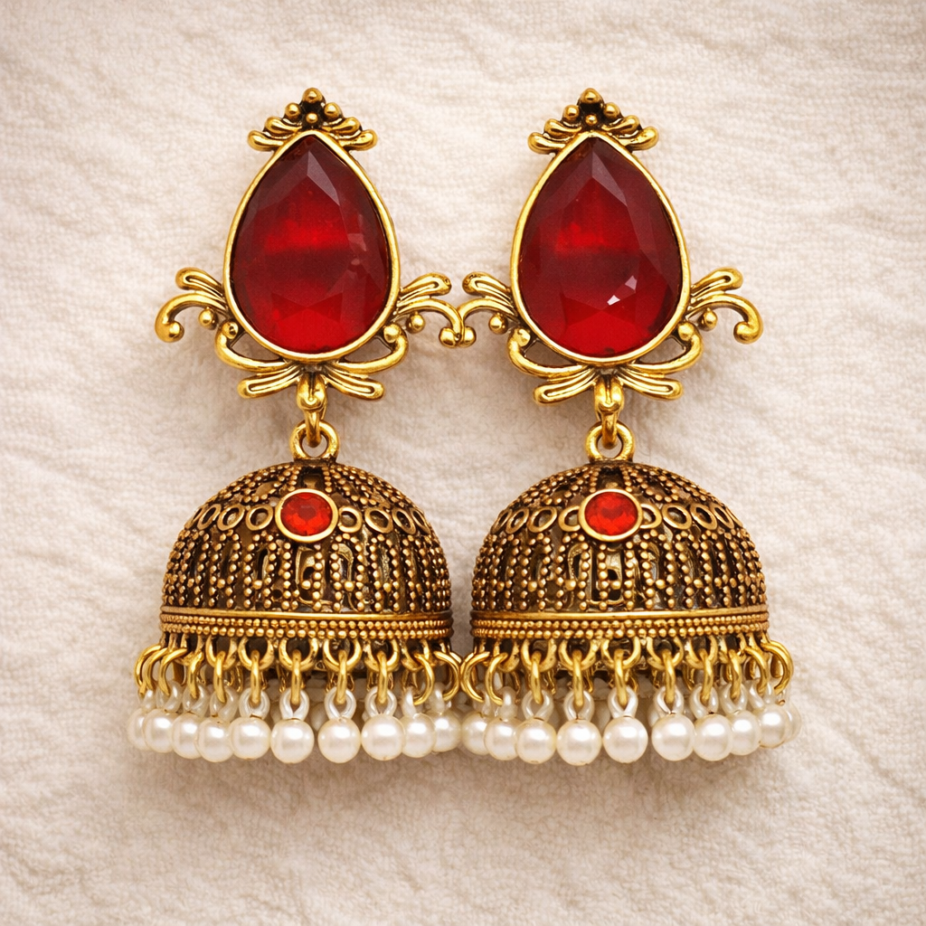 Elegant Antique Gold Jhumka Earrings (Wine Red) by Humi