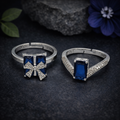 Adjustable Silver Ring Pair with Blue Gemstone by Humi (1007)