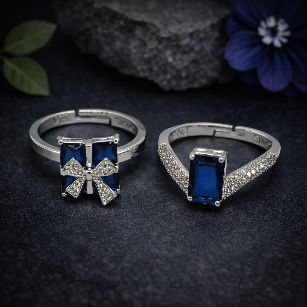 Adjustable Silver Ring Pair with Blue Gemstone by Humi (1007)