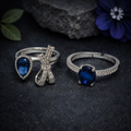 Adjustable Silver Ring Pair with Blue Gemstone by Humi (1008)
