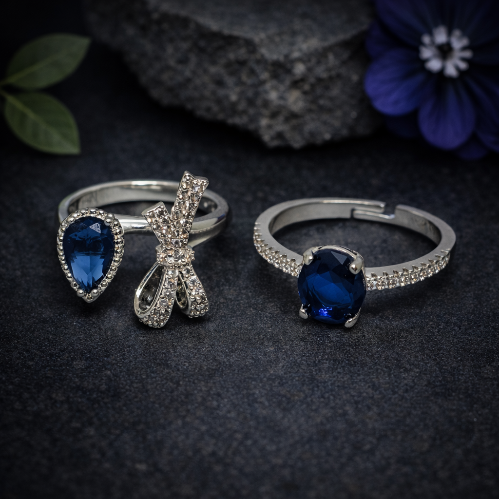 Adjustable Silver Ring Pair with Blue Gemstone by Humi (1008)